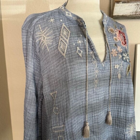 Johnny Was Womens Embroidered Umoya Effortless Scarf Back Blouse Blue Large - Picture 5 of 16